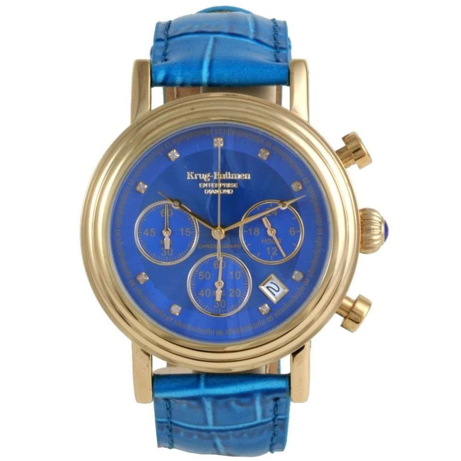 RETAIL: R15,727.47 Krug Baumen MEN Principle CHRONO Gold 8X REAL Diamond Blue Leather Watch