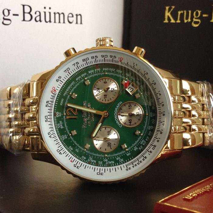 Opens @ R1 Retail: R13,628 Krug Baümen Air Traveller 8 REAL Diamond Green Gold Dial 18K Gold Watch