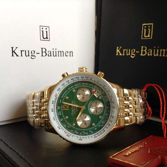 Opens @ R1 Retail: R13,628 Krug Baümen Air Traveller 8 REAL Diamond Green Gold Dial 18K Gold Watch