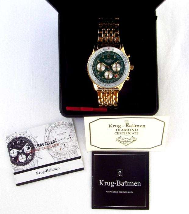 Opens @ R1 Retail: R13,628 Krug Baümen Air Traveller 8 REAL Diamond Green Gold Dial 18K Gold Watch