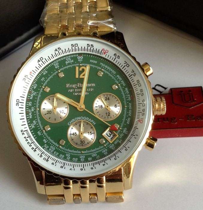 Opens @ R1 Retail: R13,628 Krug Baümen Air Traveller 8 REAL Diamond Green Gold Dial 18K Gold Watch