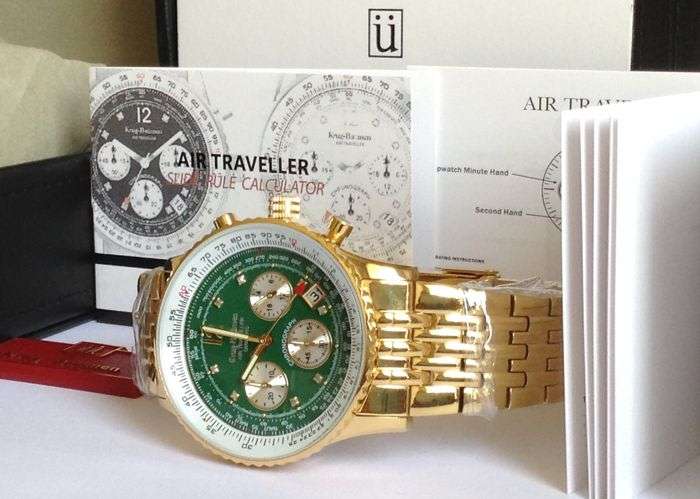 Opens @ R1 Retail: R13,628 Krug Baümen Air Traveller 8 REAL Diamond Green Gold Dial 18K Gold Watch
