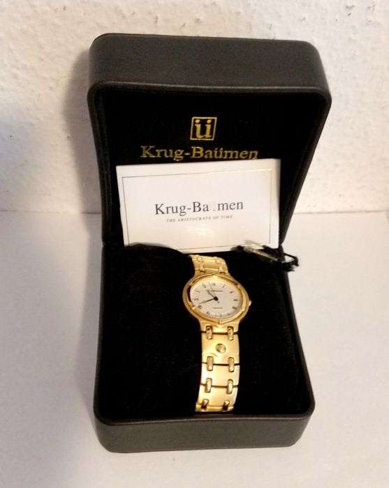 R1 AUCTION** Retails @ R8200/ £485 Krug Baumen MEN Charleston 18K Gold Plated White Dial Strap Watch