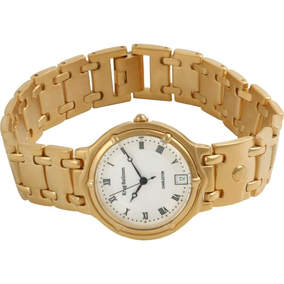 R1 AUCTION** Retails @ R8200/ £485 Krug Baumen MEN Charleston 18K Gold Plated White Dial Strap Watch
