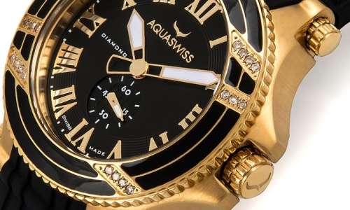 Retail: $1495 /R18,000.00 Aquaswiss Women Bolt L with 22 Diamonds 18K Gold and Black Silicone Band