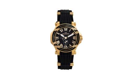 Retail: $1495 /R18,000.00 Aquaswiss Women Bolt L with 22 Diamonds 18K Gold and Black Silicone Band