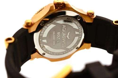 Retail: $1495 /R18,000.00 Aquaswiss Women Bolt L with 22 Diamonds 18K Gold and Black Silicone Band
