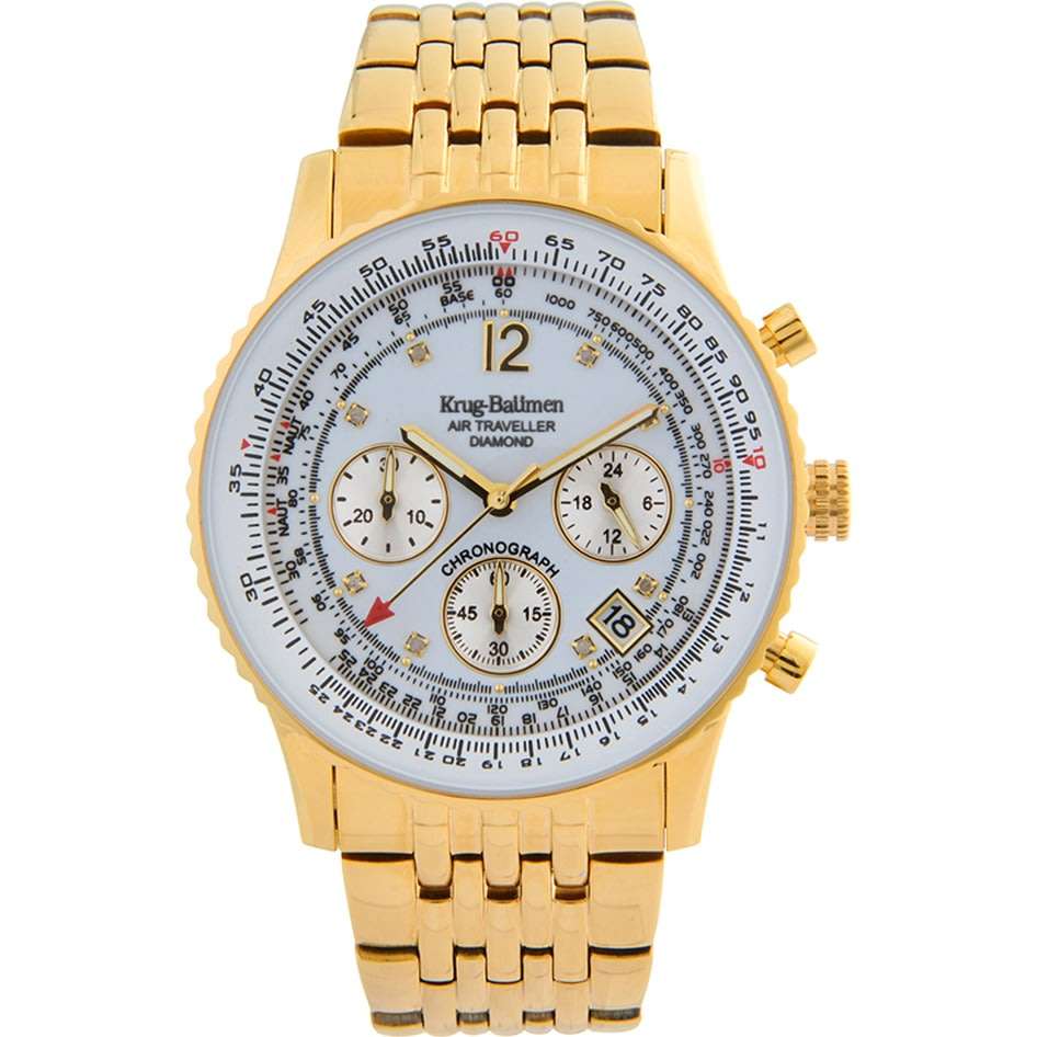 Opens @ R1 RRP: R13,320 Krug Baümen Air Traveller  8 Genuine Diamond White Dial 18K Gold Strap Watch