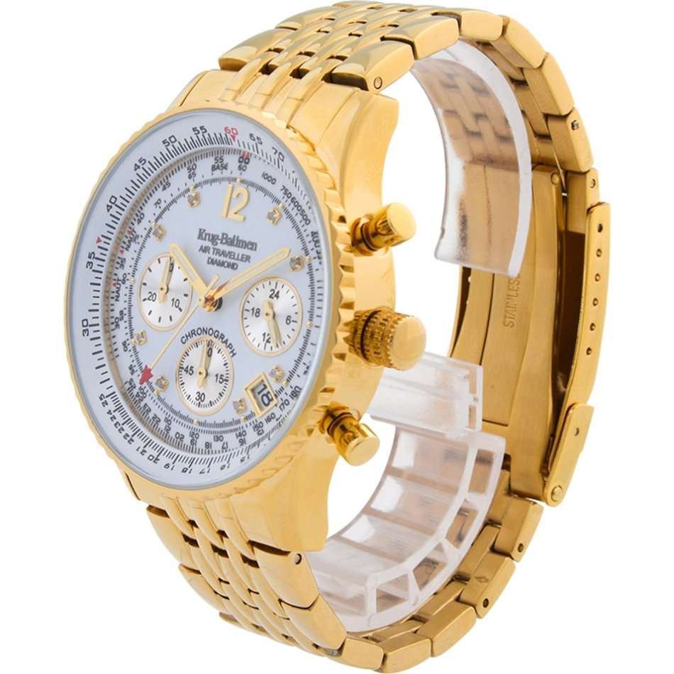 Opens @ R1 RRP: R13,320 Krug Baümen Air Traveller  8 Genuine Diamond White Dial 18K Gold Strap Watch