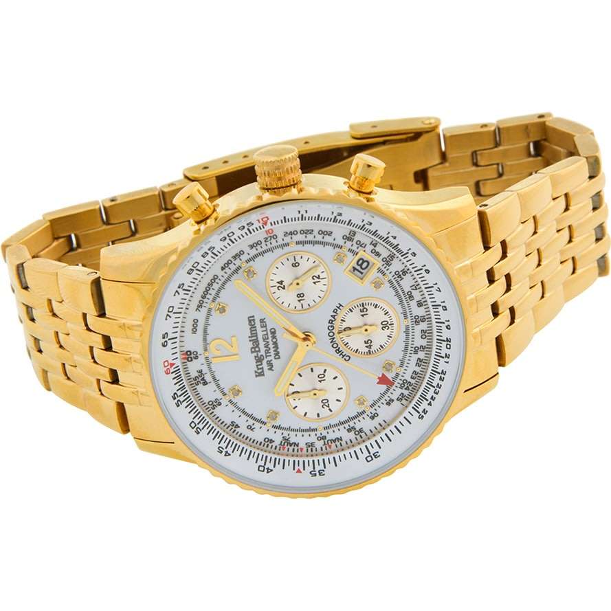 Opens @ R1 RRP: R13,320 Krug Baümen Air Traveller  8 Genuine Diamond White Dial 18K Gold Strap Watch
