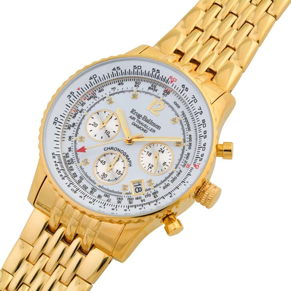 Opens @ R1 RRP: R13,320 Krug Baümen Air Traveller  8 Genuine Diamond White Dial 18K Gold Strap Watch