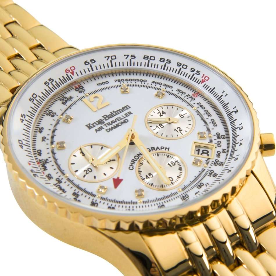 Opens @ R1 RRP: R13,320 Krug Baümen Air Traveller  8 Genuine Diamond White Dial 18K Gold Strap Watch