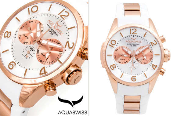 Retail: R12,000 Aquaswiss Men Trax 5H Watch with Chronograph Rose Gold and White Silicone Band
