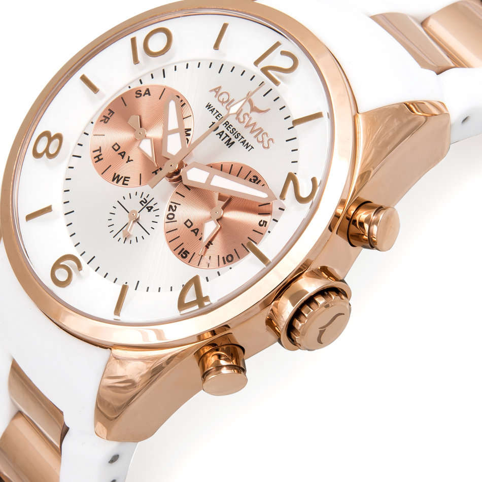 Retail: R12,000 Aquaswiss Men Trax 5H Watch with Chronograph Rose Gold and White Silicone Band