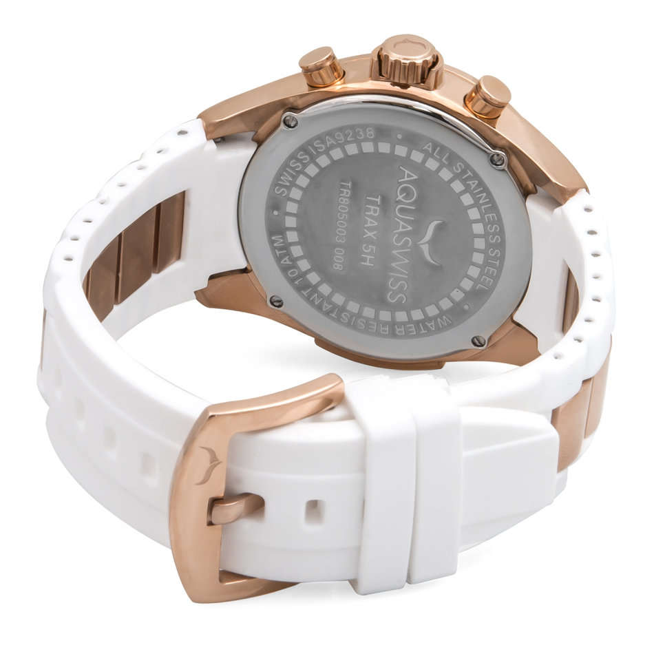 Retail: R12,000 Aquaswiss Men Trax 5H Watch with Chronograph Rose Gold and White Silicone Band