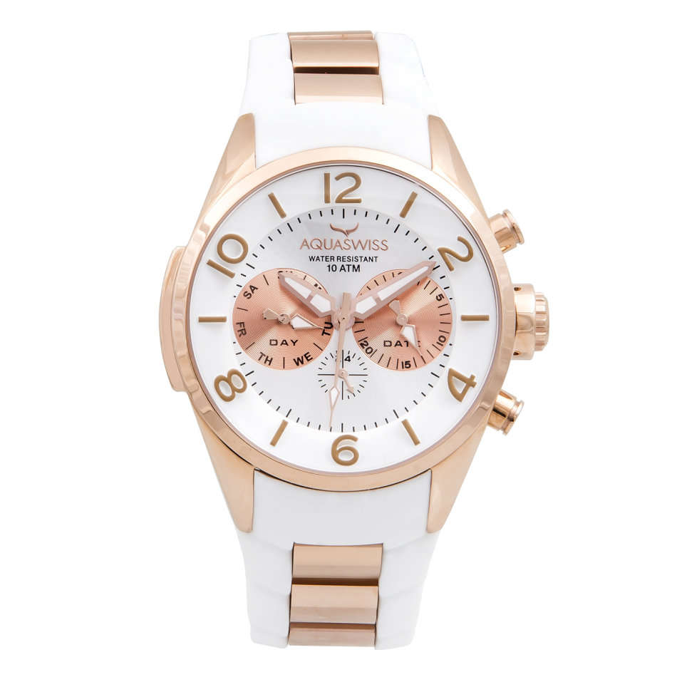 Retail: R12,000 Aquaswiss Men Trax 5H Watch with Chronograph Rose Gold and White Silicone Band