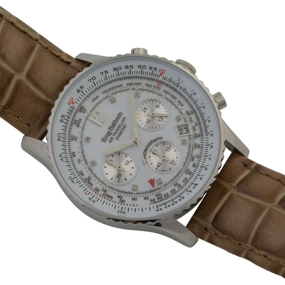 Retail R13,856.74 Krug Baümen Air Traveller  8 Real Diamond S-Steel  Dial Brown Strap Watch