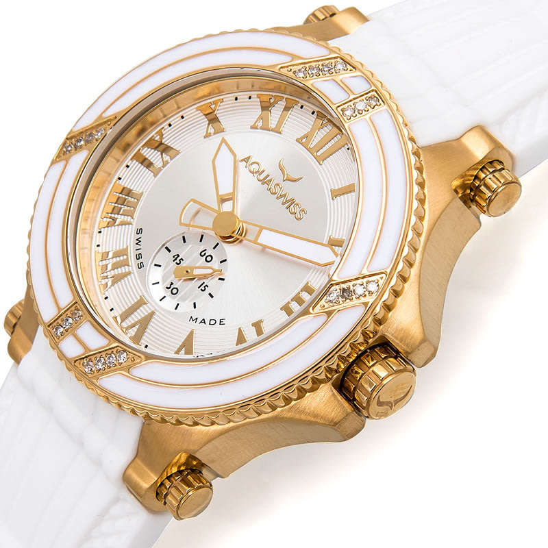 Retail: $1495 /R18,000.00 Aquaswiss Women Bolt L with 22 Diamonds 18K Gold Plating Silicone Band
