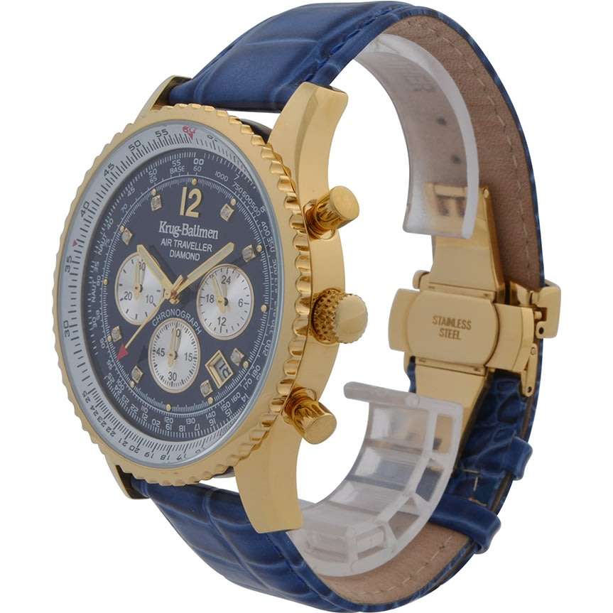 RRP: R15,111.62 Krug Baümen Air Traveller  8 Genuine Diamond 18K Gold Dial Blue Strap Watch