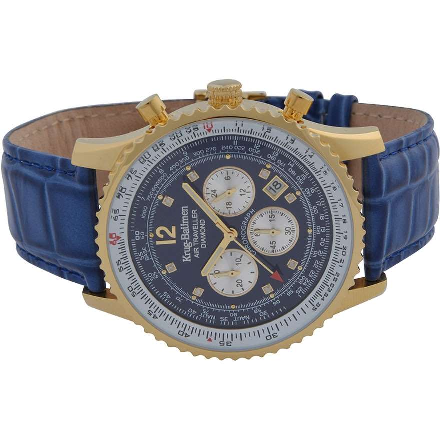 RRP: R15,111.62 Krug Baümen Air Traveller  8 Genuine Diamond 18K Gold Dial Blue Strap Watch