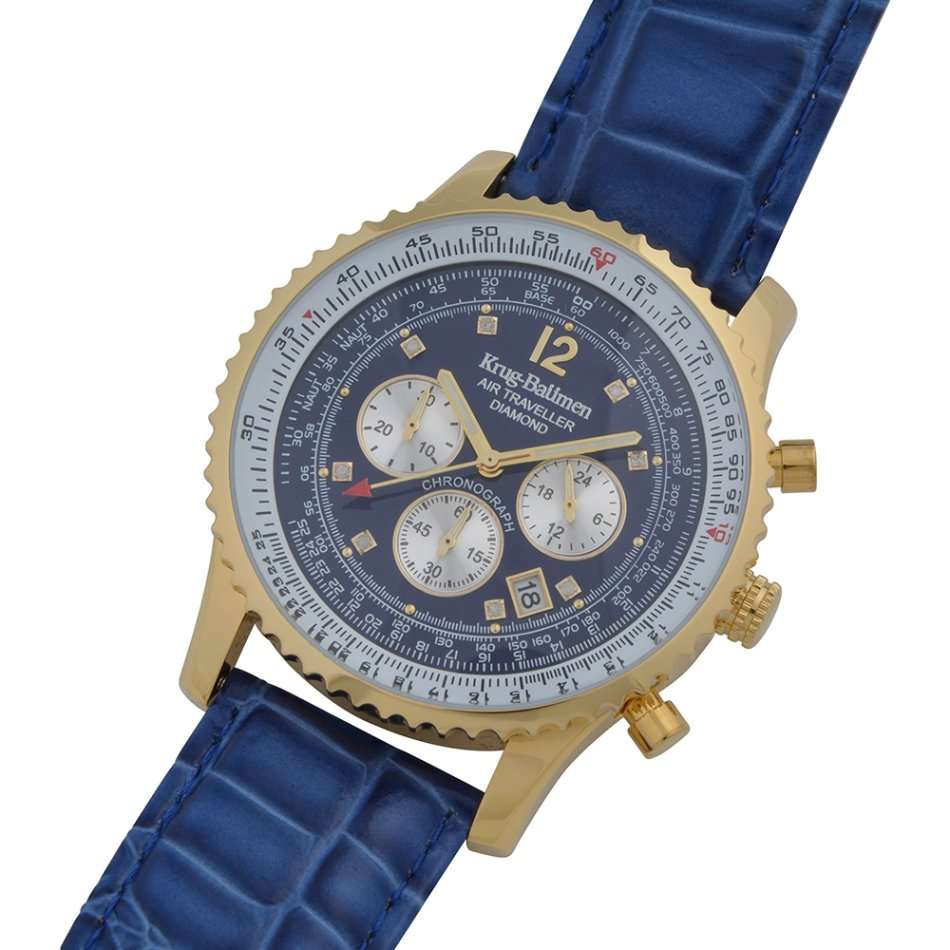 RRP: R15,111.62 Krug Baümen Air Traveller  8 Genuine Diamond 18K Gold Dial Blue Strap Watch