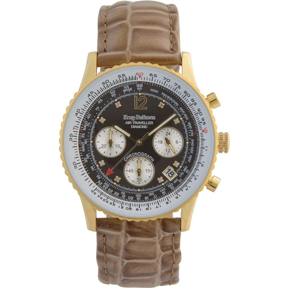 Retail R14,366.90 Krug Baümen Air Traveller 8 Genuine Diamond Brown 18K Gold Croco Strap Chronograph