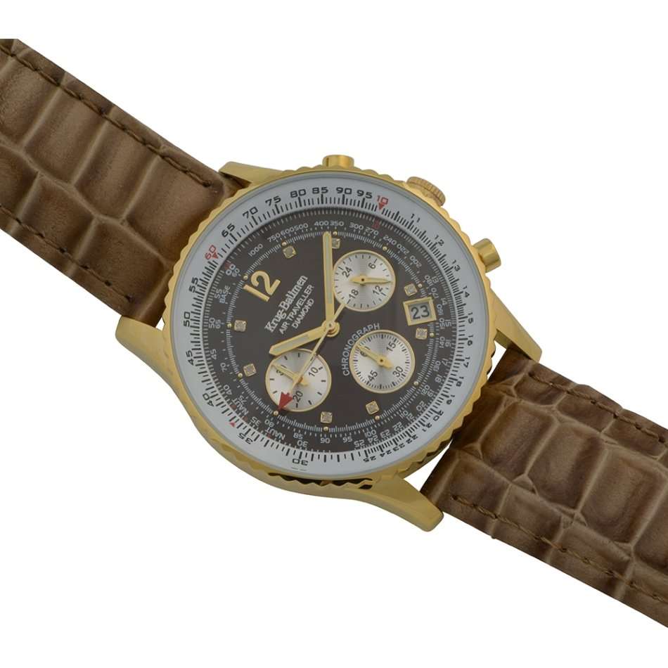 Retail R14,366.90 Krug Baümen Air Traveller 8 Genuine Diamond Brown 18K Gold Croco Strap Chronograph