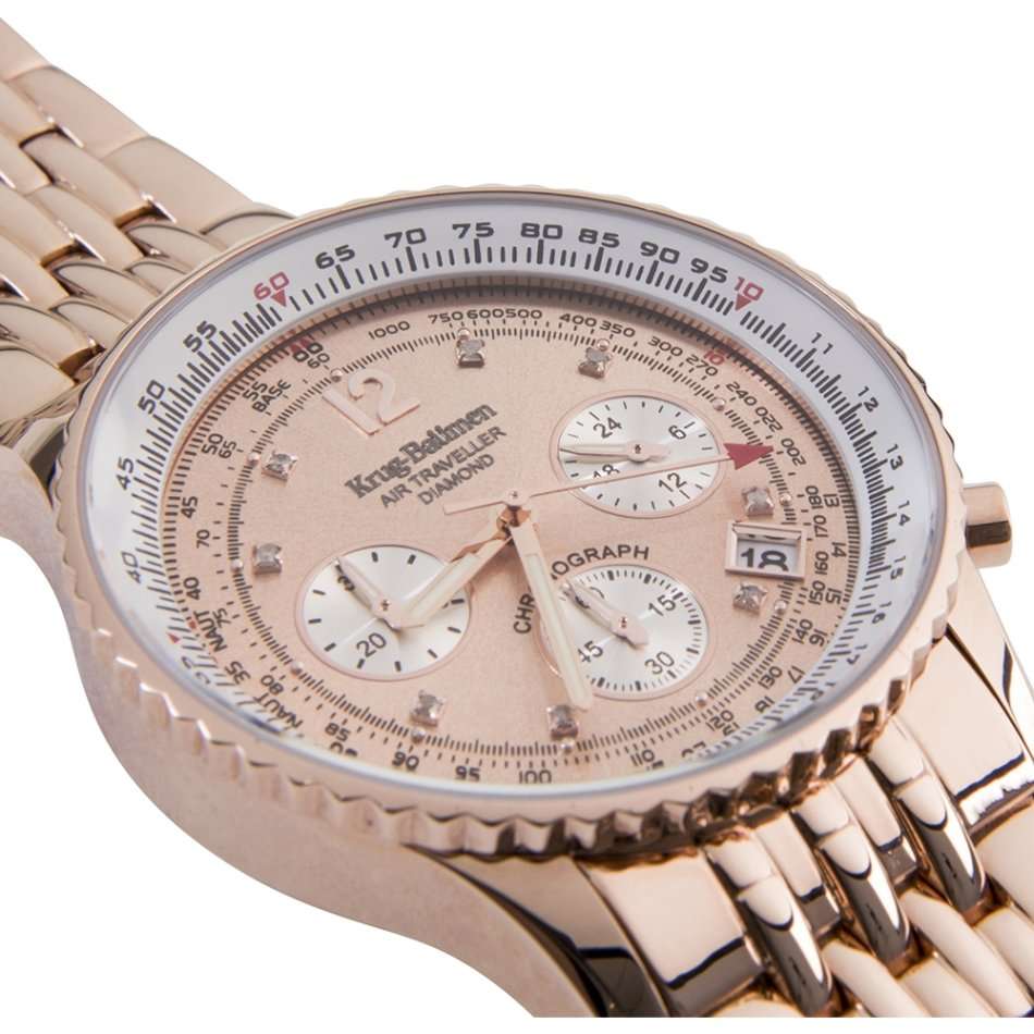 Retail: R14,655.63 Krug Baümen Air Traveller  8 Genuine Diamond Champagne Dial Rose Gold Strap Watch