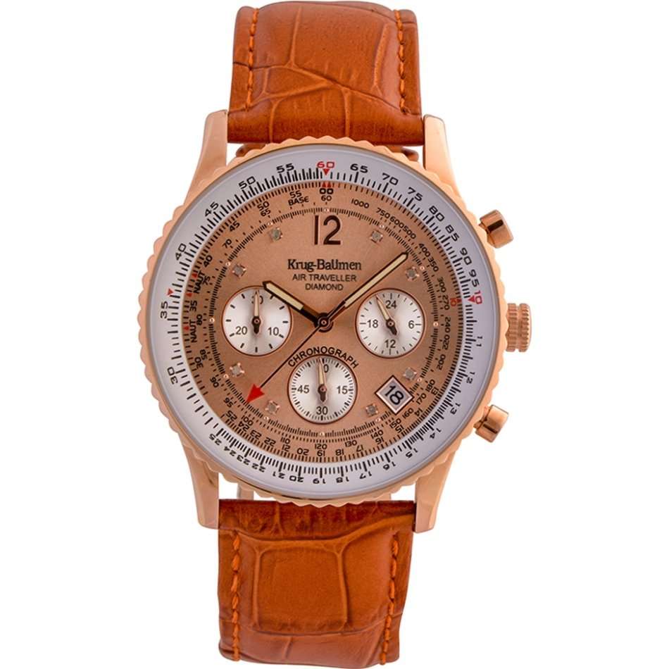 R14,298.98 Krug Baümen Air Traveller 8X Real Diamond Golden Dial Orange Croco Strap Chronograph