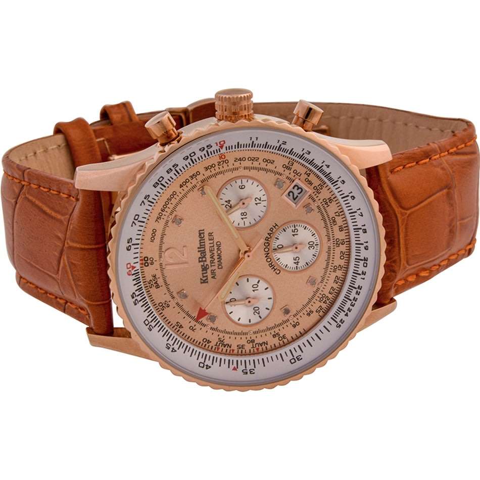 R14,298.98 Krug Baümen Air Traveller 8X Real Diamond Golden Dial Orange Croco Strap Chronograph