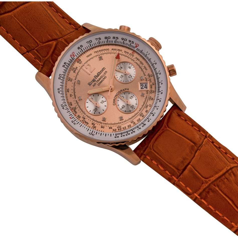 R14,298.98 Krug Baümen Air Traveller 8X Real Diamond Golden Dial Orange Croco Strap Chronograph