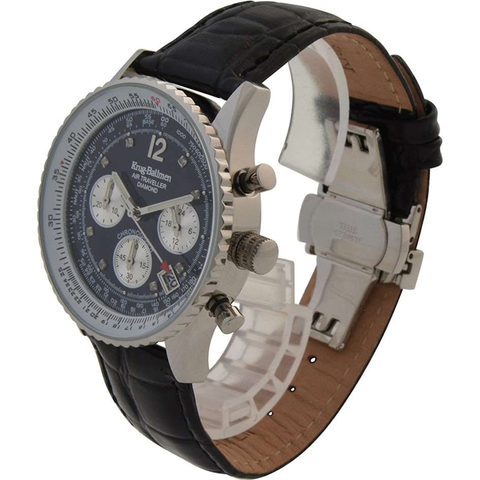 Retail: R13,853.60 Krug Baümen Air Traveller  8x Real Diamond Stainless Steel Dial Black Strap Watch