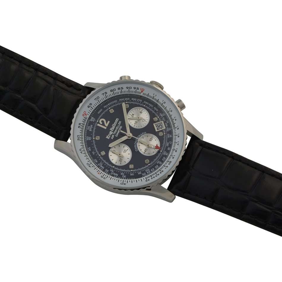 Retail: R13,853.60 Krug Baümen Air Traveller  8x Real Diamond Stainless Steel Dial Black Strap Watch