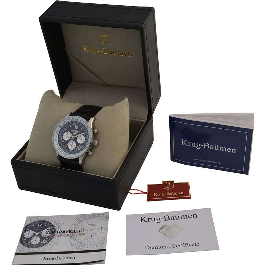 Retail: R13,853.60 Krug Baümen Air Traveller  8x Real Diamond Stainless Steel Dial Black Strap Watch