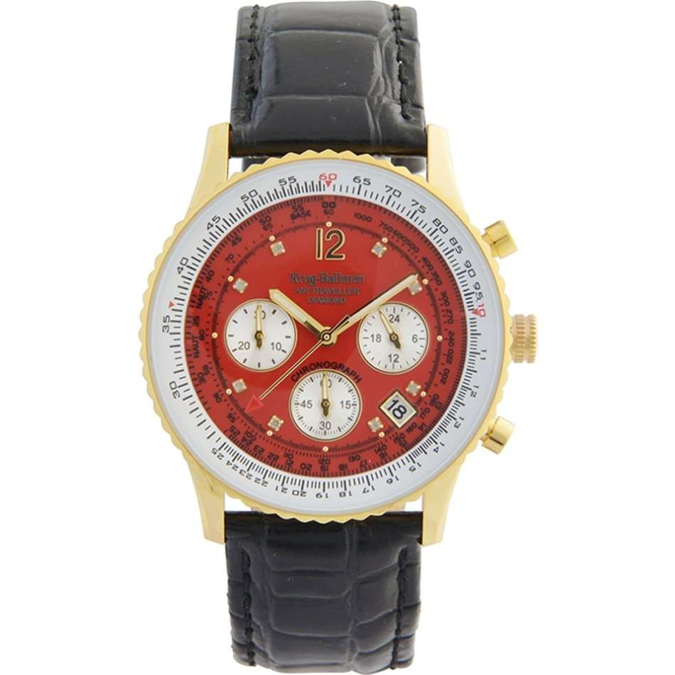 Retail: R14,864.37 Krug Baümen Air Traveller  8 Genuine Diamond 18K Gold Red Dial Black Strap Watch