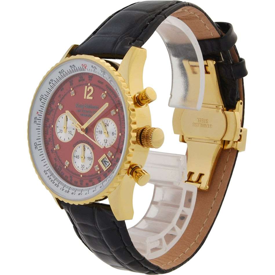 Retail: R14,864.37 Krug Baümen Air Traveller  8 Genuine Diamond 18K Gold Red Dial Black Strap Watch