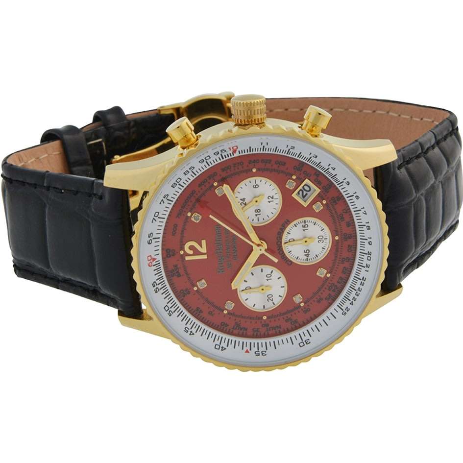 Retail: R14,864.37 Krug Baümen Air Traveller  8 Genuine Diamond 18K Gold Red Dial Black Strap Watch