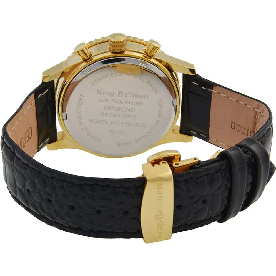 Retail: R14,864.37 Krug Baümen Air Traveller  8 Genuine Diamond 18K Gold Red Dial Black Strap Watch