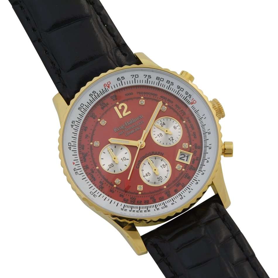 Retail: R14,864.37 Krug Baümen Air Traveller  8 Genuine Diamond 18K Gold Red Dial Black Strap Watch