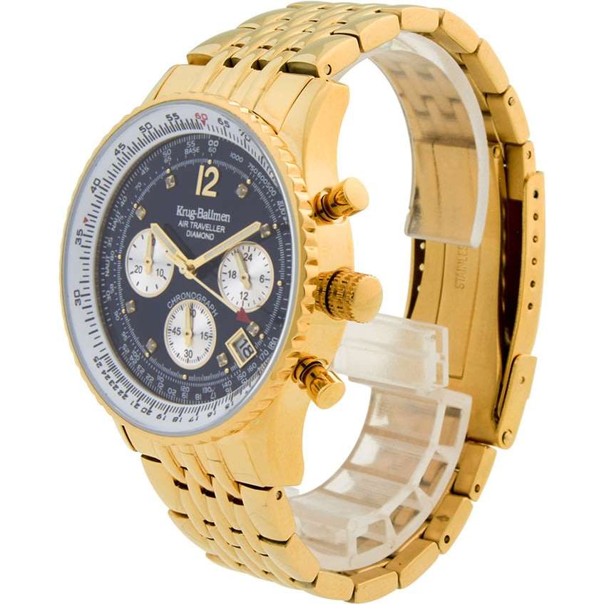 R1 AUCTION Retail: R15,247.97 Krug Baümen Air Traveller  8 REAL Diamond Black Dial 18K Gold Watch