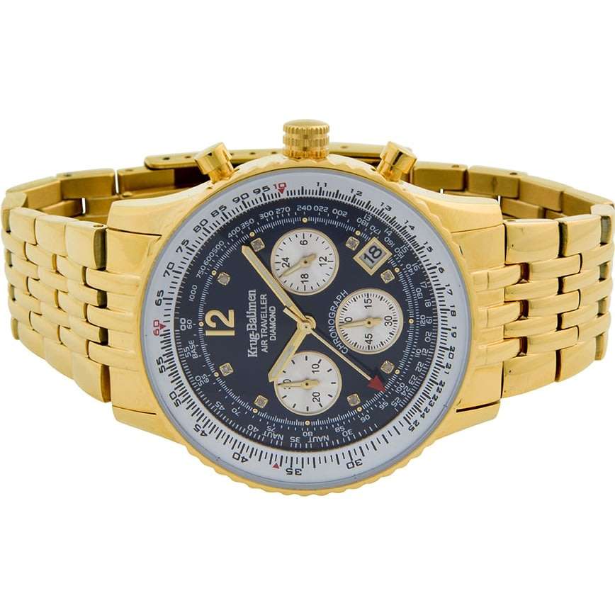 R1 AUCTION Retail: R15,247.97 Krug Baümen Air Traveller  8 REAL Diamond Black Dial 18K Gold Watch
