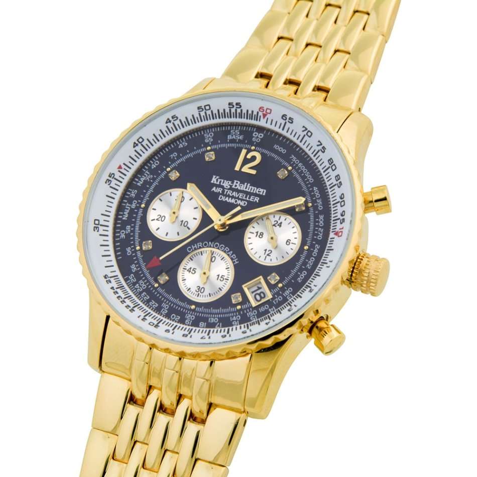 R1 AUCTION Retail: R15,247.97 Krug Baümen Air Traveller  8 REAL Diamond Black Dial 18K Gold Watch