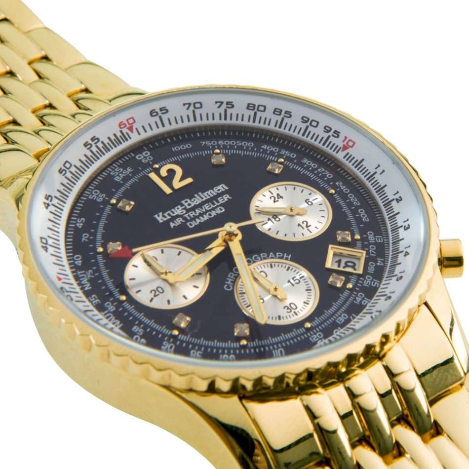 R1 AUCTION Retail: R15,247.97 Krug Baümen Air Traveller  8 REAL Diamond Black Dial 18K Gold Watch