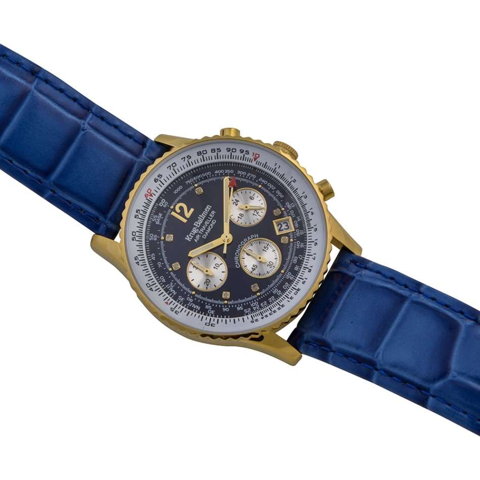 Retail: R14,366.90 Krug Baümen Air Traveller  8 Real Diamond 18K IGP Gold Dial Blue Watch