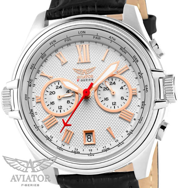 Opens @ R1 Aviator F Series Multi Function Dual Time ROSE Gold Features Black Leather Watch. 10 ATM