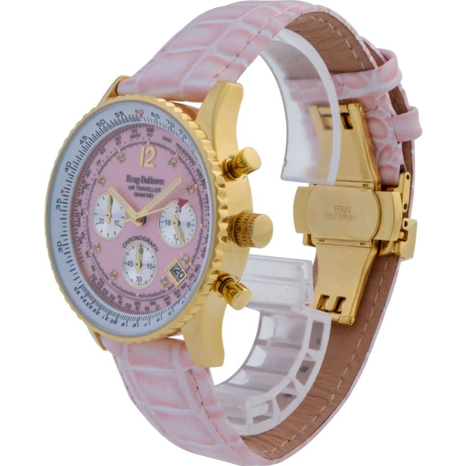 Opens @ R1 Retail: R15,655.63 Krug Baümen 8 Genuine Diamond 18K Gold Pink Dial Croco Strap Watch