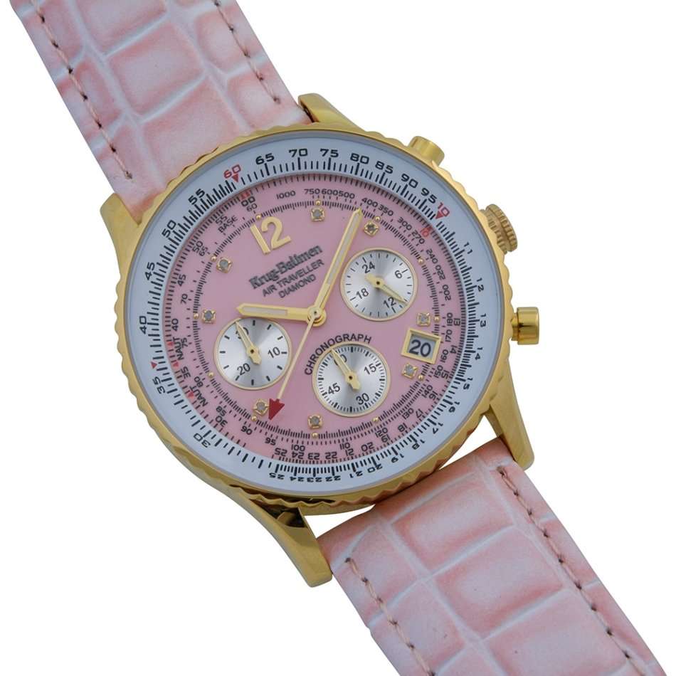 Opens @ R1 Retail: R15,655.63 Krug Baümen 8 Genuine Diamond 18K Gold Pink Dial Croco Strap Watch
