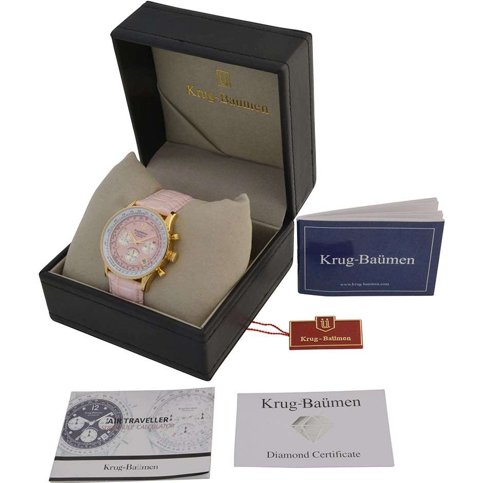 Opens @ R1 Retail: R15,655.63 Krug Baümen 8 Genuine Diamond 18K Gold Pink Dial Croco Strap Watch
