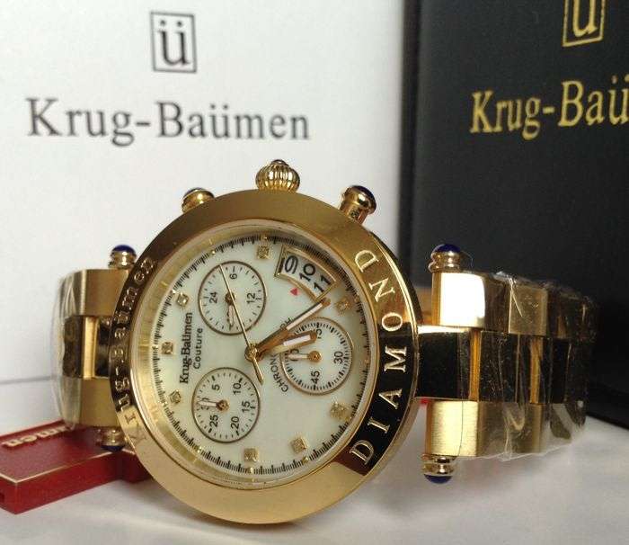 Opens @ R1 Retail: R13,576.03 Krug Baumen UNISEX Couture Chrono MOP Diamond 18K Gold IPG  Gold Watch