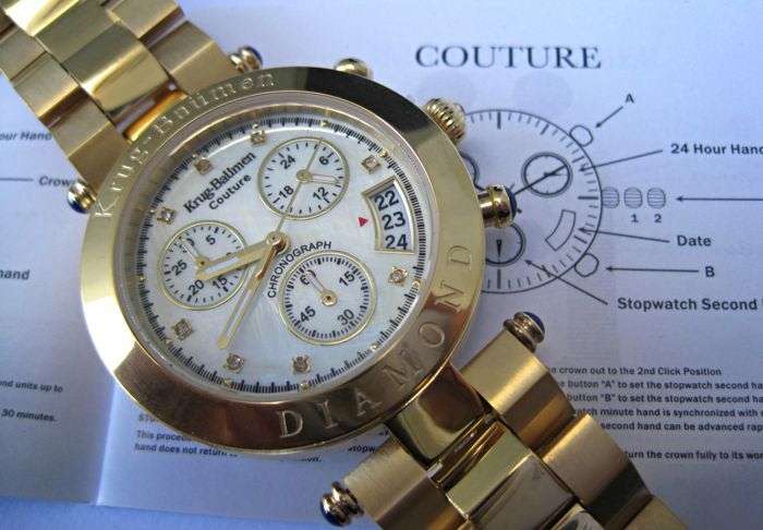 Opens @ R1 Retail: R13,576.03 Krug Baumen UNISEX Couture Chrono MOP Diamond 18K Gold IPG  Gold Watch